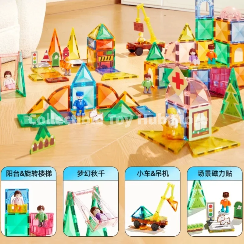 In Stock Colorful Magnetic Tile 32 Pcs Set Transparent Magnet Building Blocks With Magnetic Dolls Birthday Gift Toy Holiday Gift