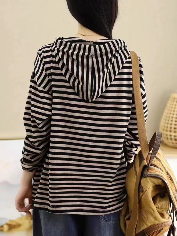 Women Oversized Stripe Hooded Sweatshirt 2026 Spring Pure Cotton Base Layer Top