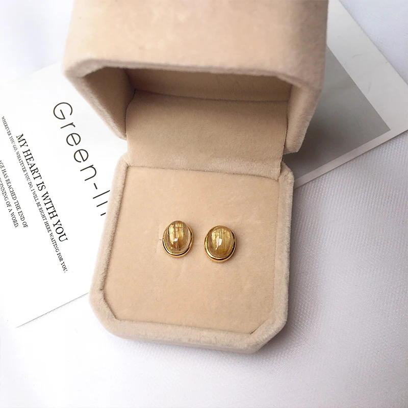 Natural Stone Stud Earrings Gold Rutilated Quartz Crystal Oval shape Beads Gold Color Fashion Ear Jewlry for Women Earrings