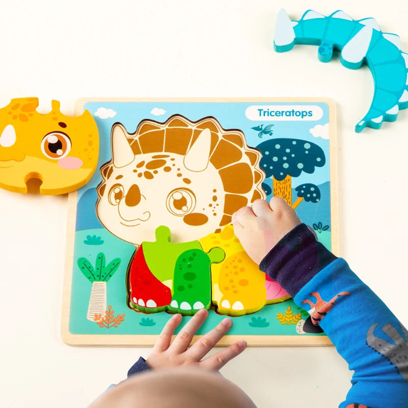 คุณภาพสูง 3D Montessori ไม้การ์ตูนไดโนเสาร์ปริศนาการเรียนรู้ความรู้ความเข้าใจรูปร่างเกมปริศนาของเล่นของขวัญสําหรับเด็ก