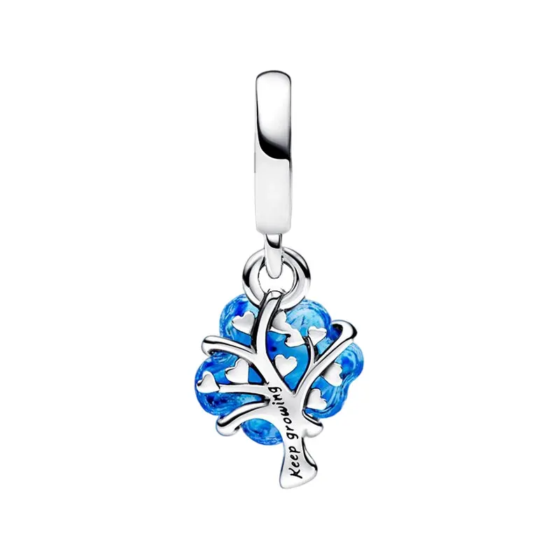 Silver 925 Family Tree Pendants Charms For Women Fine Jewelry Blue Murano Glass Crown Cut Out Branches Hearts Leaves Groove Bark