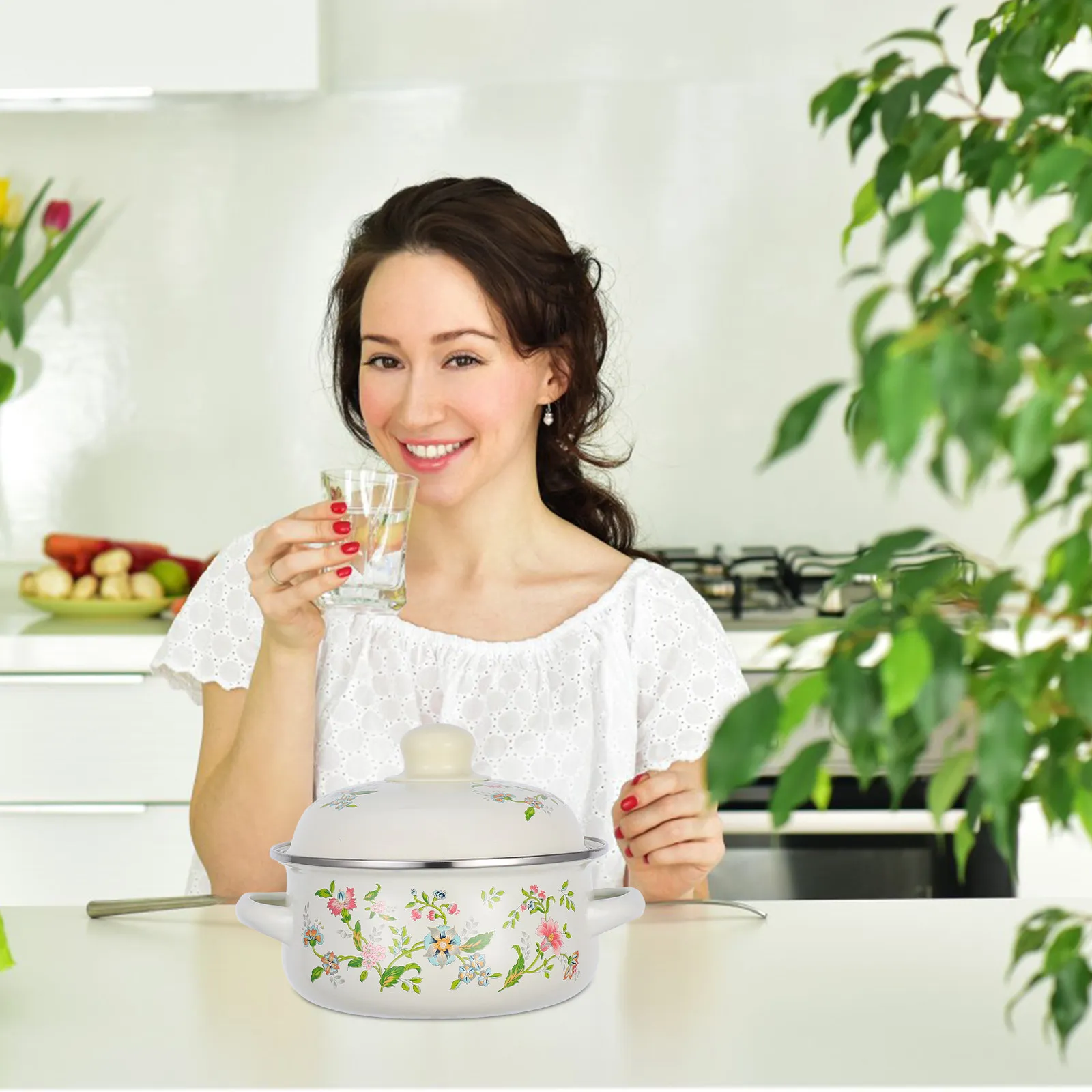 

3Pcs Enamel Mini Stock Pot Set Double Handles Retro Floral Pattern Stew Soup Pans Heat Resistant Easy Clean Cooking Casserole