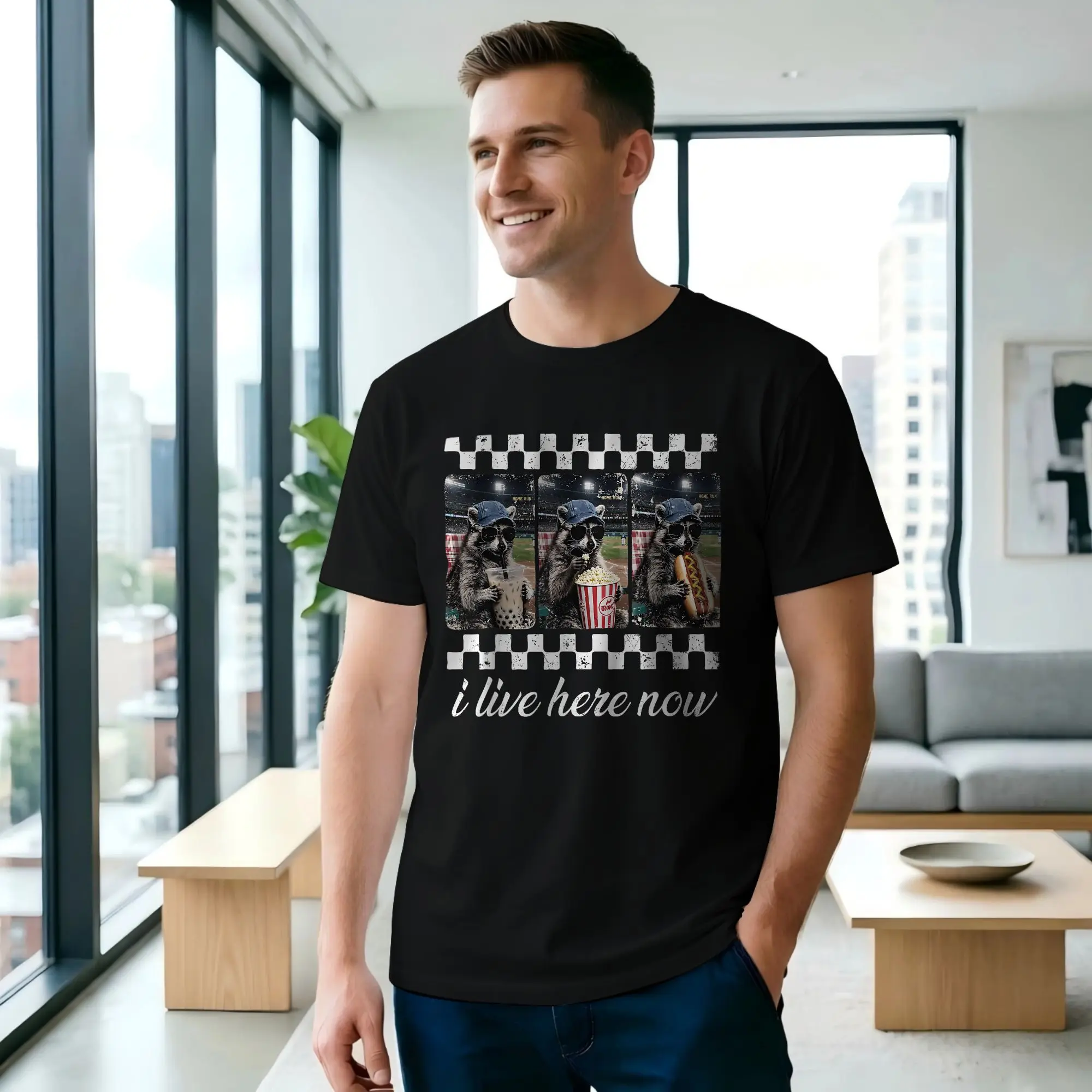 Funny Raccoon Ballfield Baseball Field Men's T Shirts Baseball Tee Shirt Short Sleeve Crew Neck 100% Cotton Printed Clothing