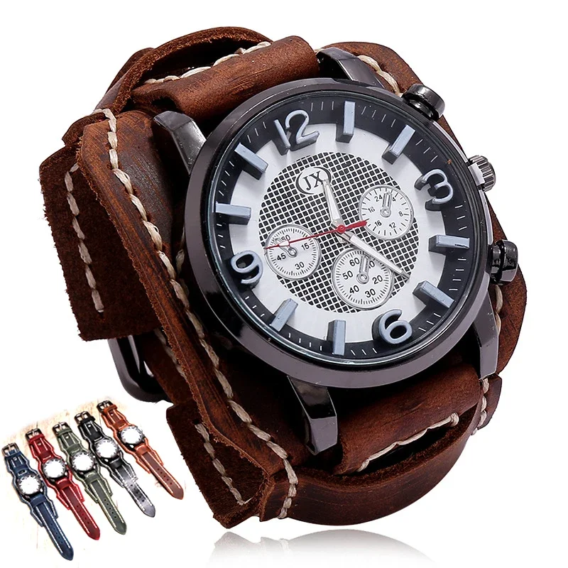 Men Women Watch Punk Genuine Leather Vintage Wide Belt Band Bracelet Band Strap Watches Sport Military Quartz Clock Wristwatch