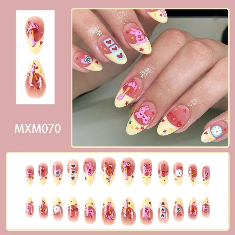 

10Pcs Almond Press on Nails with Pink Strawberry Bear Design Acrylic False Nails Cute French Full Cover Nail Tips Summer Girl