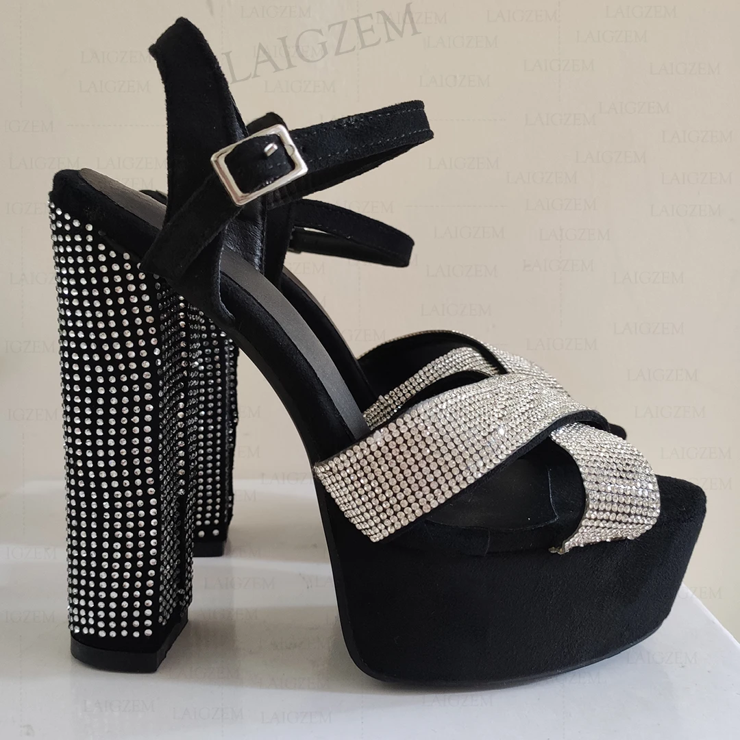 

LAIGZEM Женские босоножки на платформе из искусственной замши, туфли-лодочки на толстом каблуке с ремешком на щиколотке, блестящая женская обувь, большой размер 413, 45, 50 52