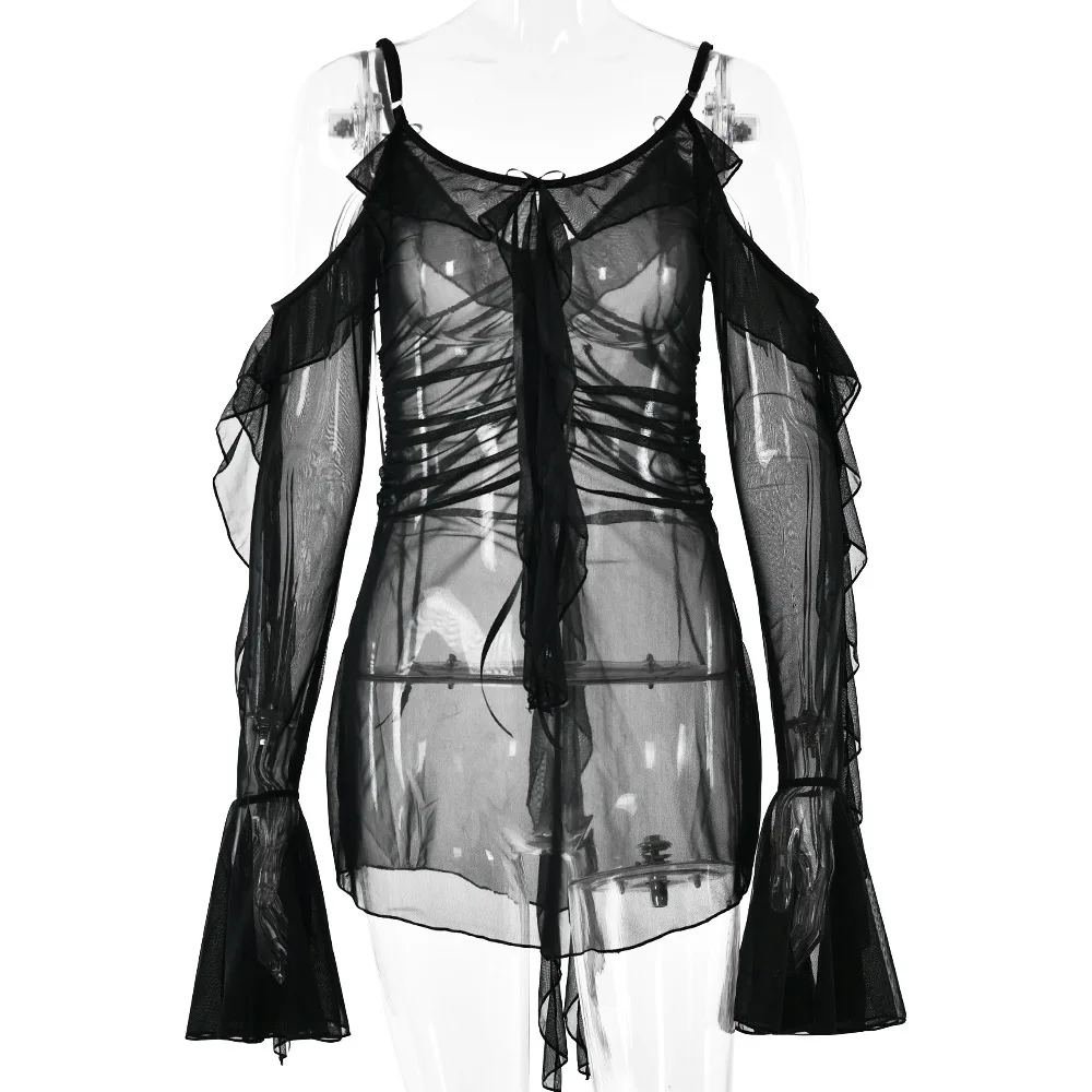 2025 Nuovo stile estivo, sexy, maniche lunghe, top allacciati, rete trasparente, maniche svasate, lacci, nastri, volant, abito