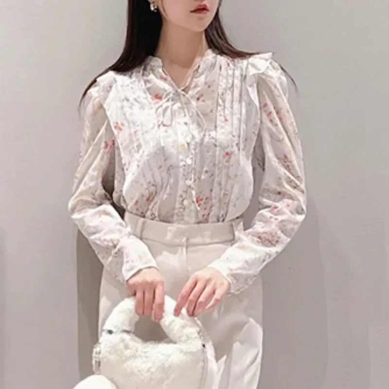 Lace-up Bow Print 2025 Woman Shirts & Blouses Japan Pleated Ropa Mujer Puff Long Sleeve Blusas Sweet Camisas Autumn New Blusa