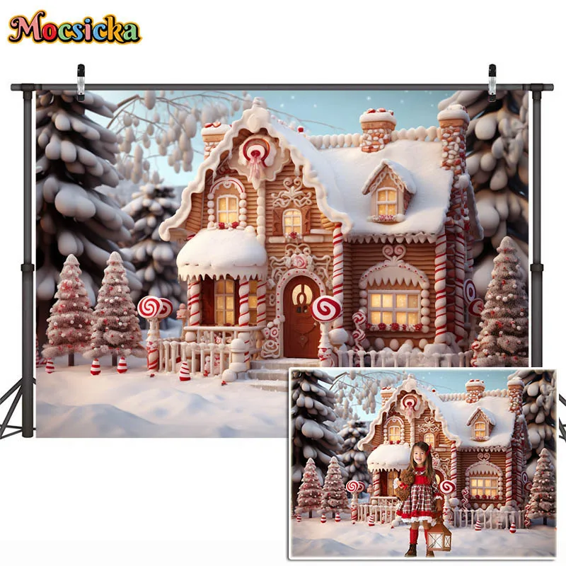 Photography Backdrops Christmas Candy House Xmas Tree Winter Snow Forest Backgrounds Girls Kids Portrait Photos Studio Props