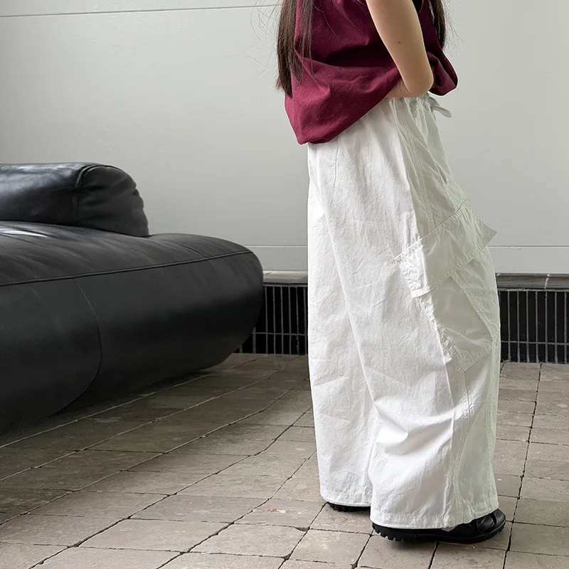 Children Korean Loose Casual Long Pants Big Boys and Girls Street Letter Pocket Work Pants Trend 2026 Summer New