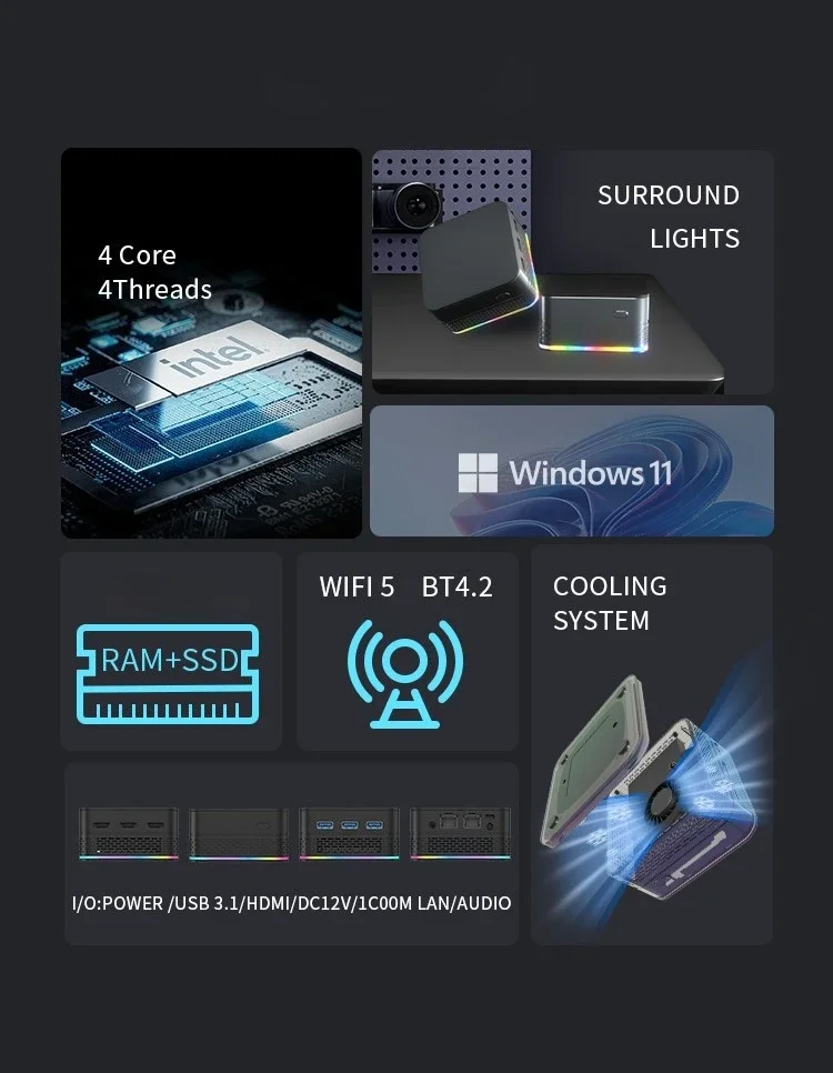 Mini PC T9 Pro Intel Alder Lake N100 Windows11 16 go DDR5 WIFI5 double SSD petit PC de poche complet type-c 4K 60Hz sortie RGB