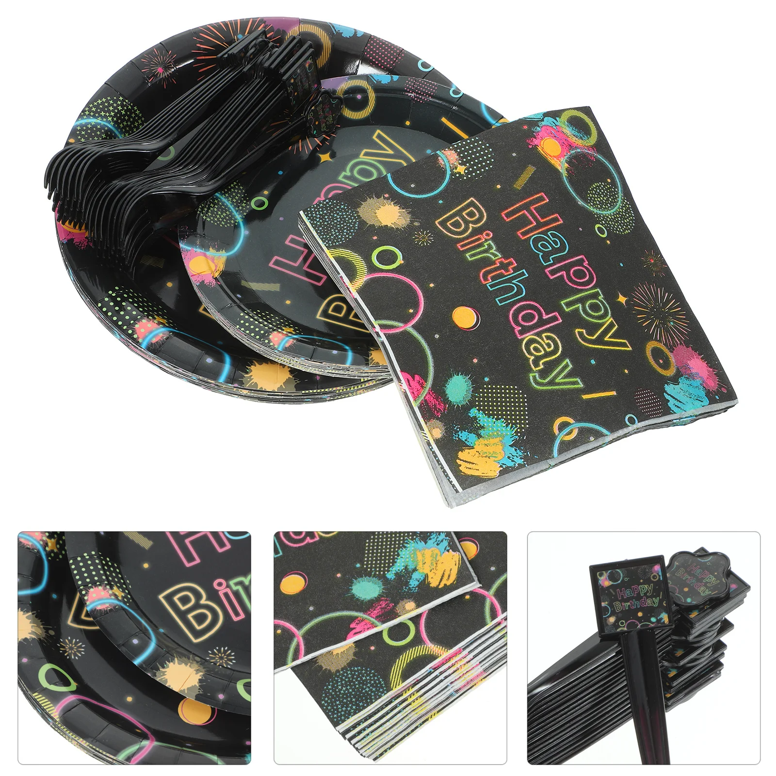 

Neon Themed Birthday Party Tableware Set Plates Napkins Forks Kit Glow In The Dark Paper Party Supplies For Family