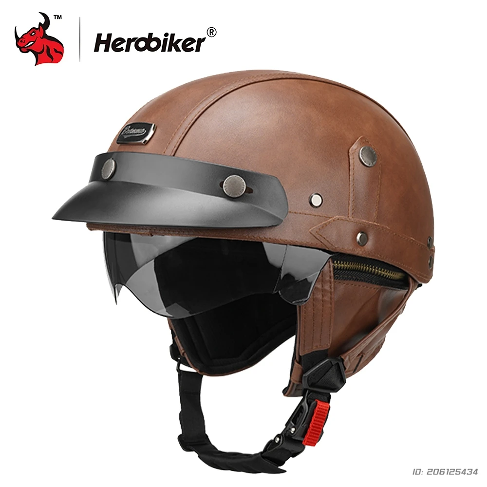 

Moto helmet Leather Vintage Open Face Helmet Face Safety Helmet Ride Half Scooter Helmet Motorcycle For Men And Women M-XL