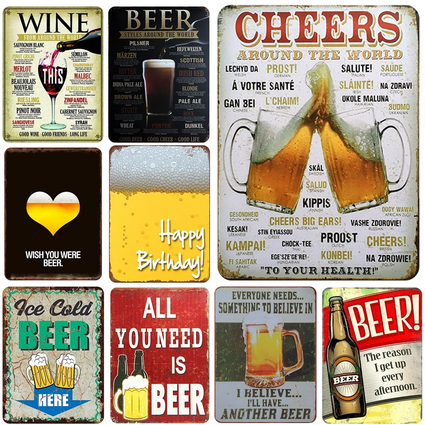 Beer Cheers Tin Sign Vintage Wall Plate Painting Decor Bar Pub Restaurant Kitchen Pin Up Metal Signs Crafts Decorative Plaque
