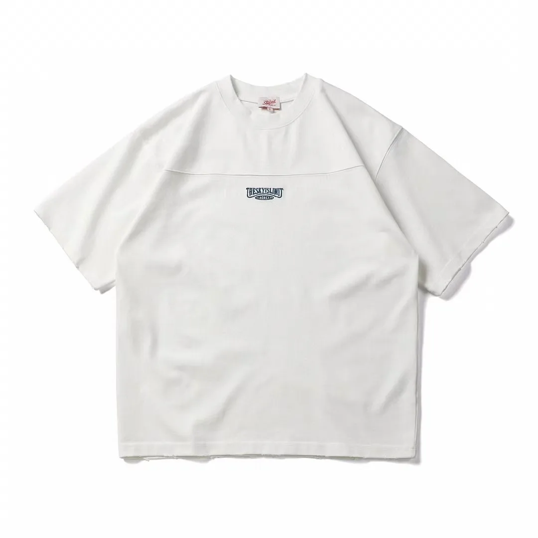 

Summer Japan Retro Patchwork Cut-Out Hem Distressed Tees 400gsm Heavyweight Washed Embroidered Round Neck Oversized T-Shirt
