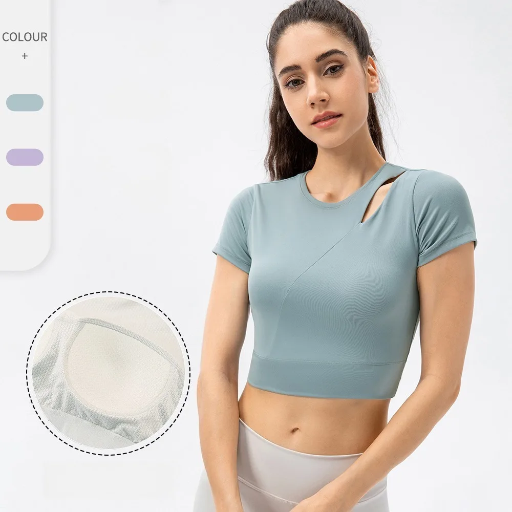 Women Naked Feeling Yoga T-Shirt Cutout Neck Built-in Shelf Bra Workout Running Tops