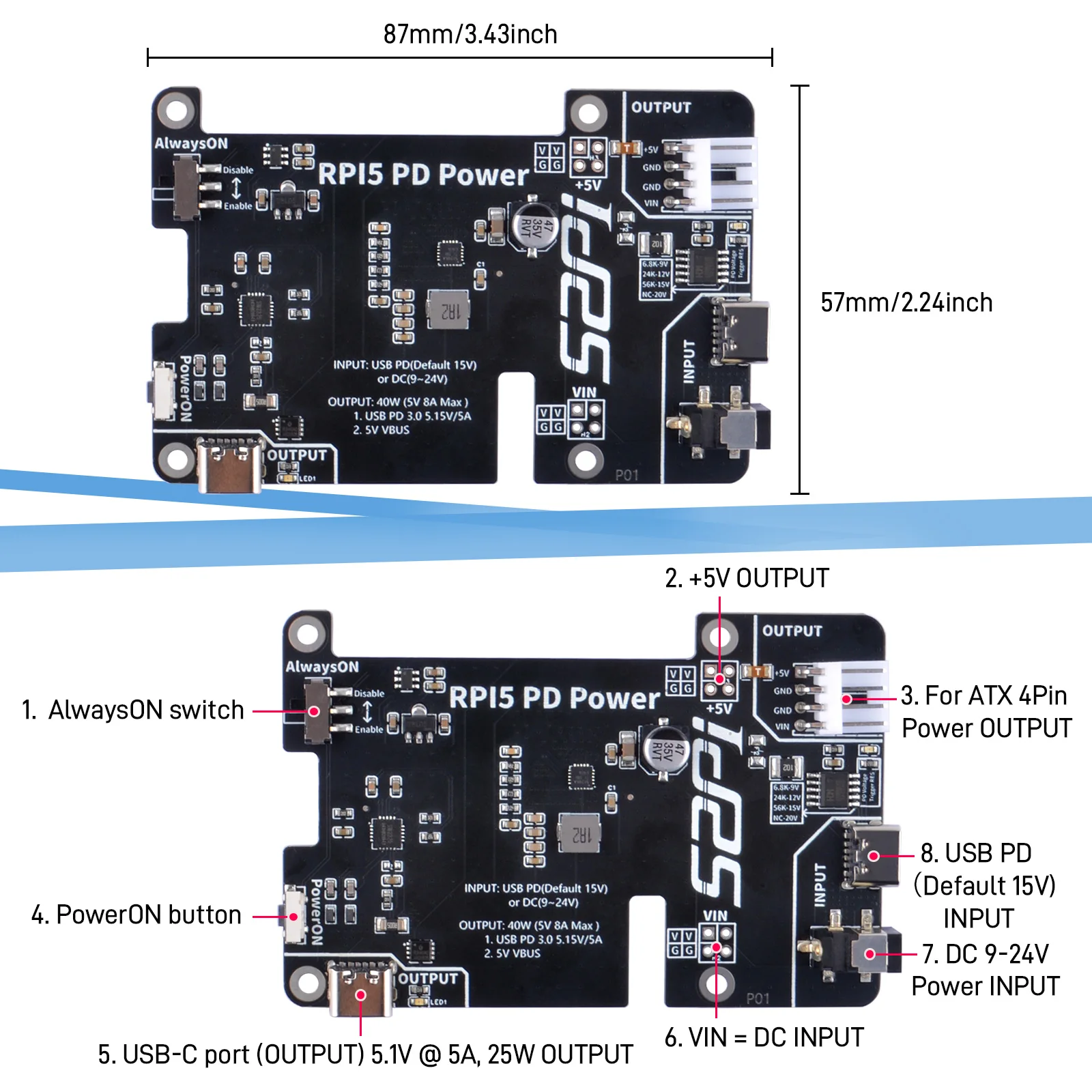 52Pi Raspberry Pi 5 PD Power Expansion Adapter Board Supports an Always-ON Switch for Raspberry Pi 5