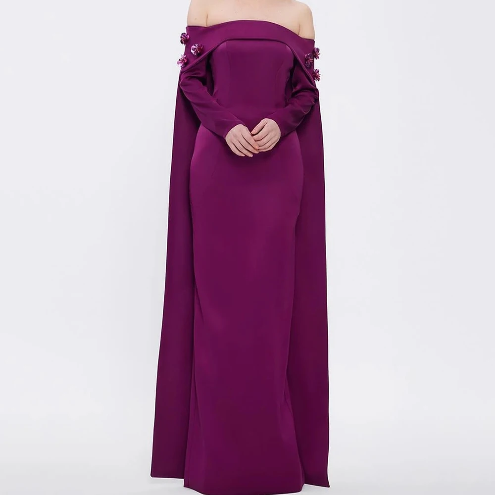 

Customized A-line Evening Dresses Floor-length Off The Shoulder Full Sleeve Prom Gown Fashion Flowers Simple Draped Party Gown