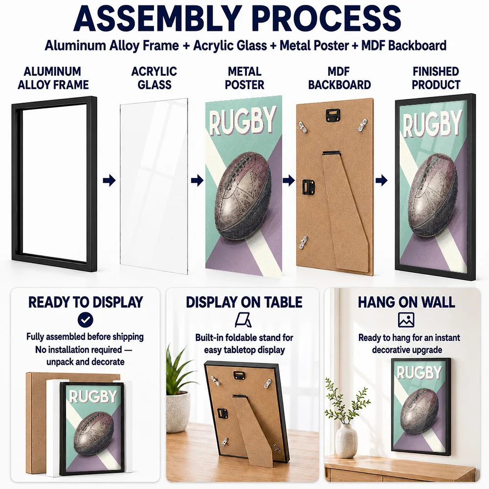 Rugby Ball Vintage Framed Metal Poster Personalized Photo Warm Heritage Style Wall Art For Clubhouse Thoughtful Supporter Gift