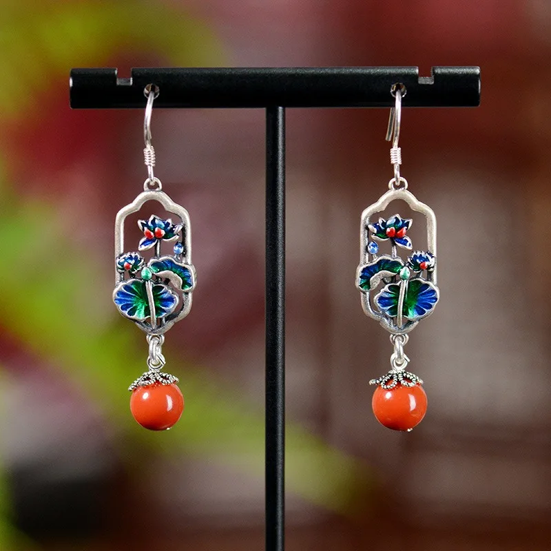 

Chinese Style Vintage Southern Red Agate Cloisonne Colored Glaze Lotus Leaf 925 Silver Earrings for Women Party Girlfriend Gift