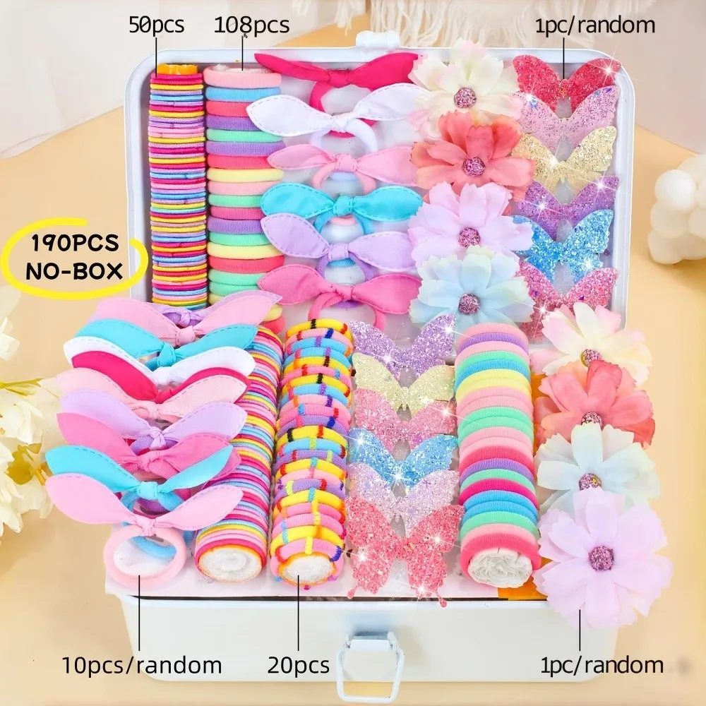 Nouvel ensemble d'accessoires élastiques pour cheveux de filles, fleurs colorées, papillons, attaches pour queue de cheval sans couture, pinces à cheveux scintillantes, coiffure pour enfants