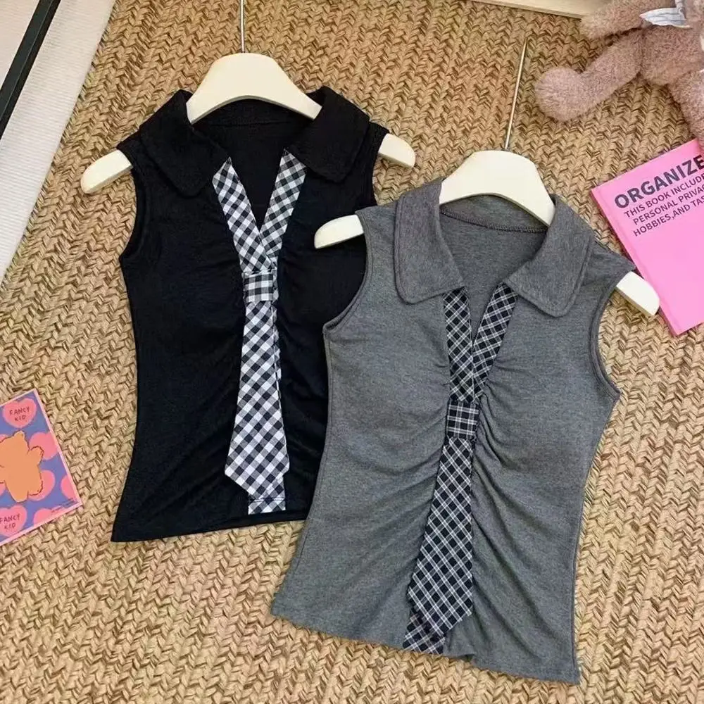 

Новый летний женский топ без рукавов с узором в клетку, с завязками на талии, облегающий, с дизайном складок, из хлопка