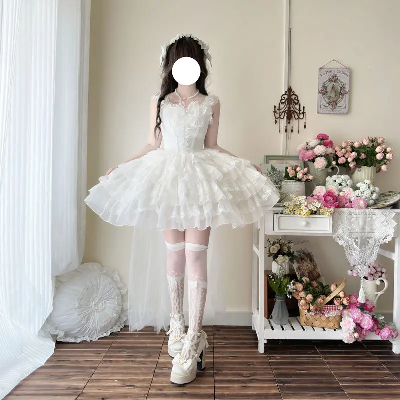 Robe japonaise Kawaii Lolita Jsk pour femmes, élégante, avec nœud doux, en dentelle, à volants, Mini robe de princesse de mariage, robes de soirée gothiques Y2k pour filles
