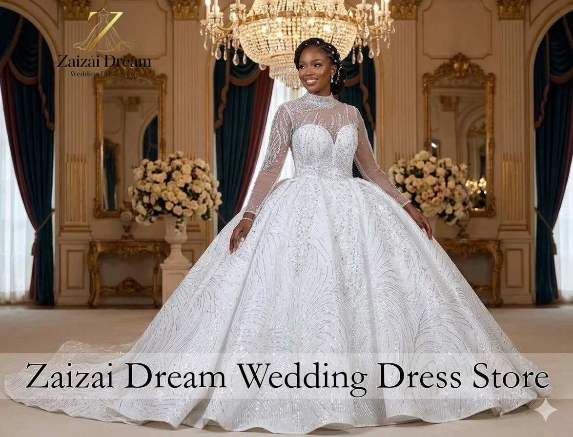 

Customzied Luxury Sparkly Beaded Wedding Dress High Neck Long Sleeve Bridal Gown Princess with Long Train Vestido De Novia