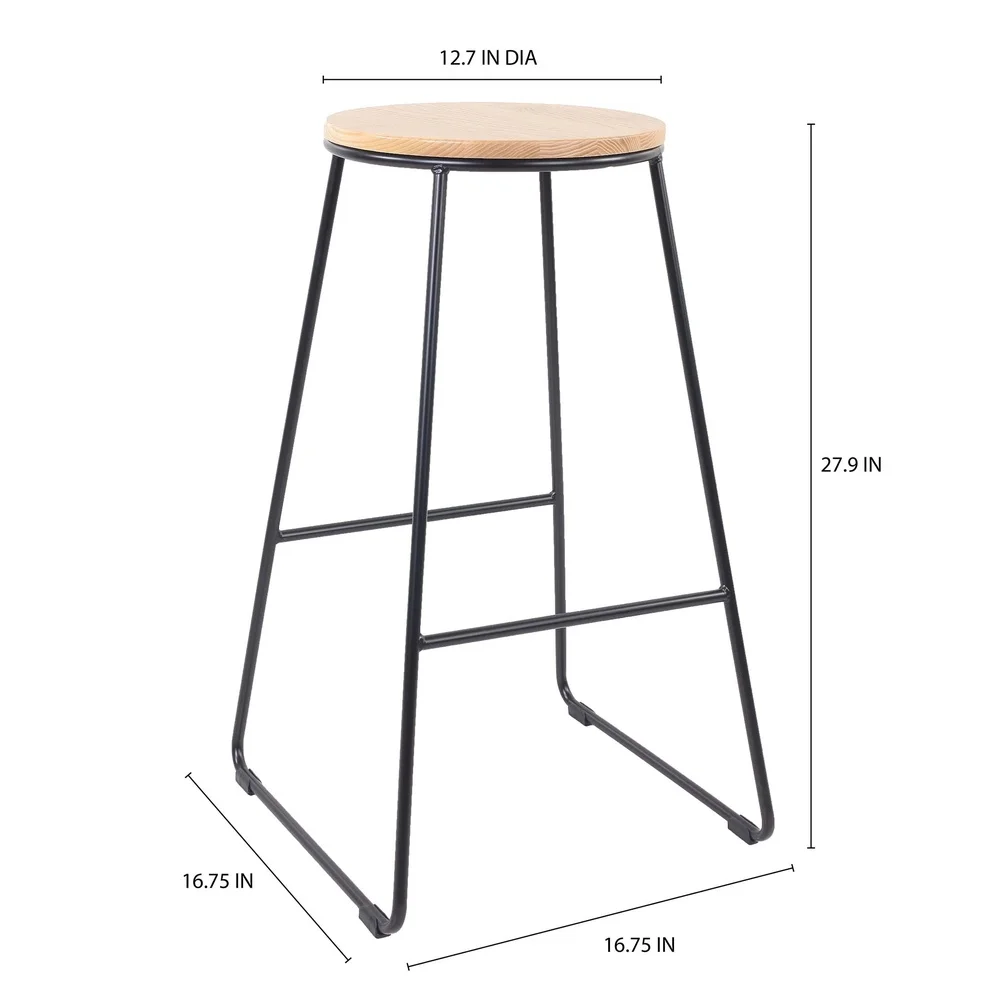 Backless Stool with Black Metal Base Natural Rubberwood Seat Comfortable Footrest Stackable Design Ideal Kitchen Dining Bar Game