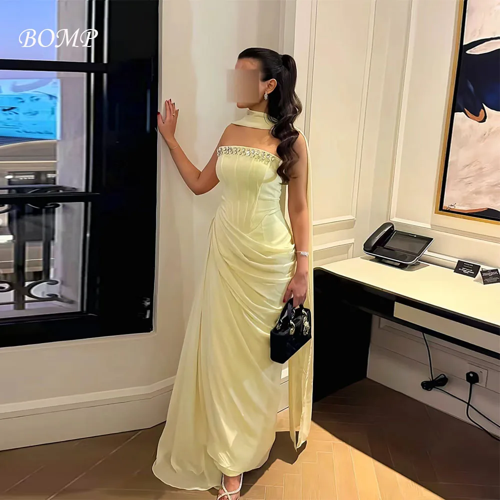 

BOMP Exquisite Beading Evening Dress with Scarf Strapless Draped A-Line Pleat Yellow Chiffon Formal Occasion Party Gown Custom