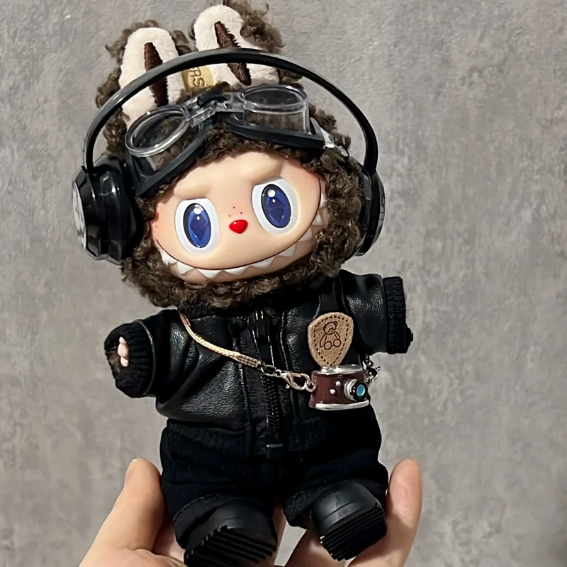 

Clothes For Labubu Dolls 15/17Cm For LABUBU Sitting Party 1St 2Nd 3Rd Gen Black Leather Jacket Set Apparel Accessories
