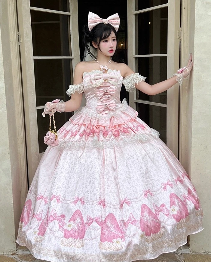 スイートウェディングドレス レディース ハイウエスト スリム スイートボウ チューブトップ + ロングスカート セット プリンセススタイル ストロベリープリント ロリータドレス