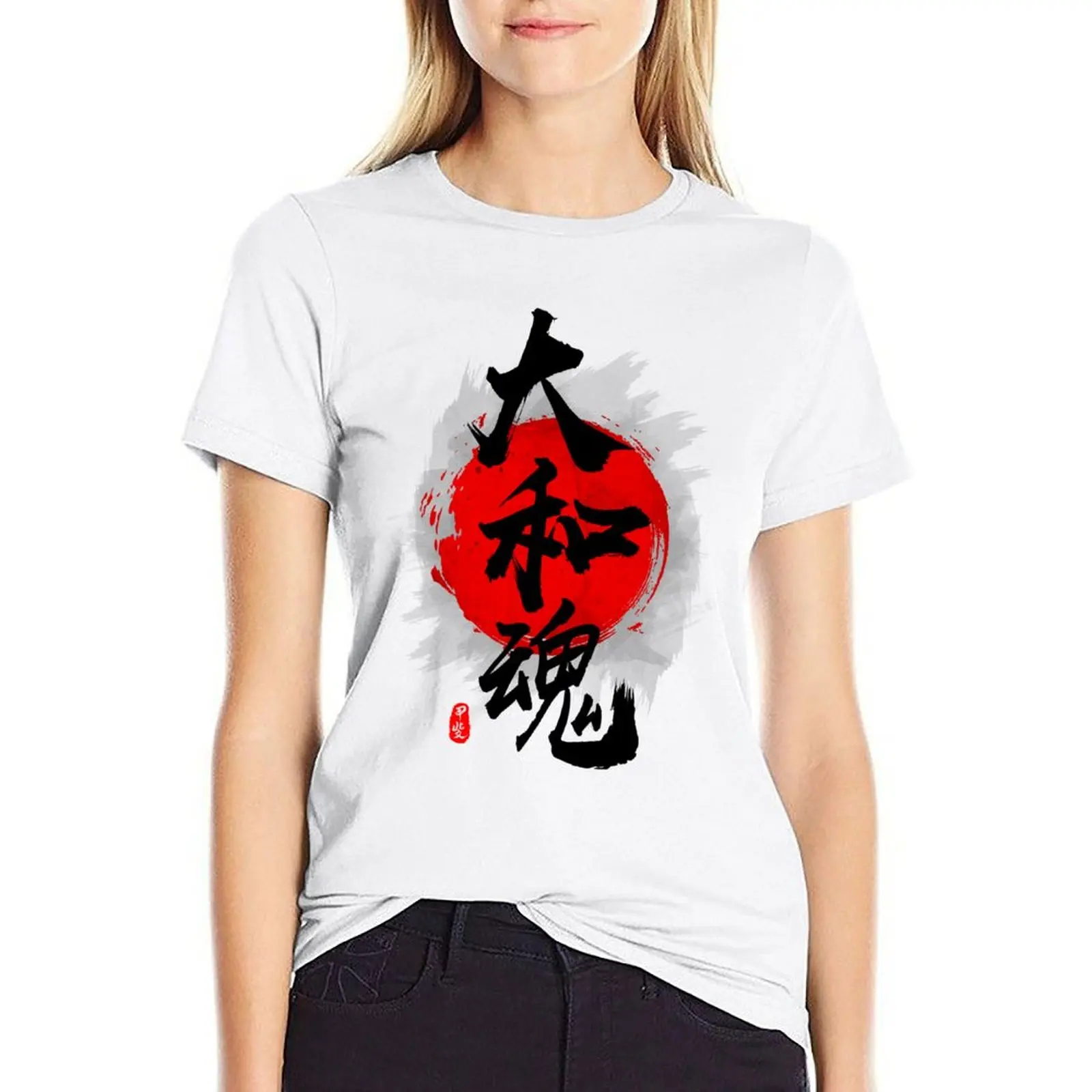 Japanese Spirit Yamato Damashii Calligraphy T-shirt cute tops kawaii clothes plain t shirts for Women