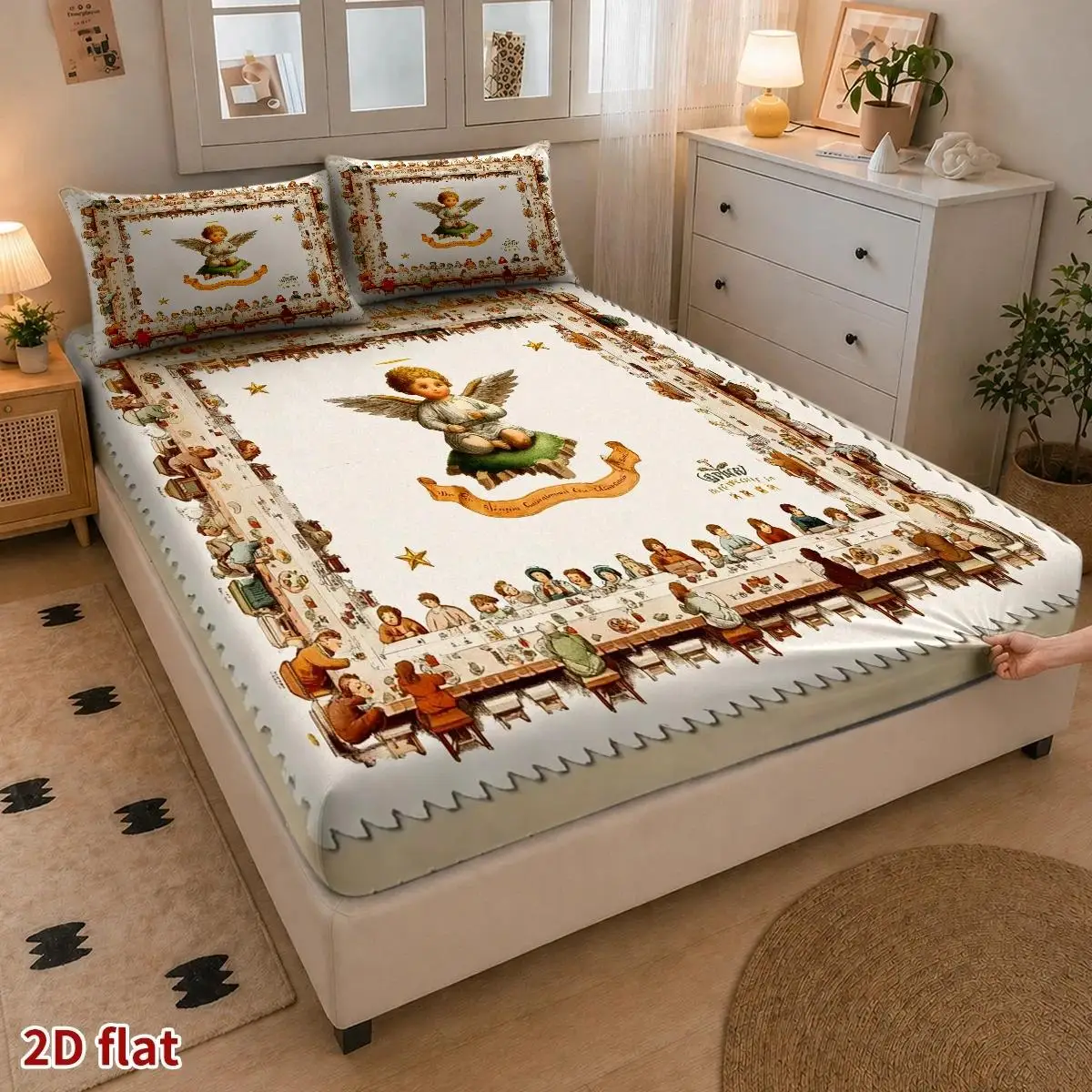 2D Digital Printed Three-Piece Bedding Set (Includes 1 Fitted Sheet + 2 Pillowcases) Mattress Protector, Fitted Elastic Style, Protective Cover, 2D Flat Priting, Mattress Protector, Angel-Themed Feast, Vintage Oil Painting Style, Christmas Limited Edition, Suitable for All Seasons, Machine Washable Design, Holiday Decoration, Various Sizes, Breathable Protective Cover Plus Pillowcase