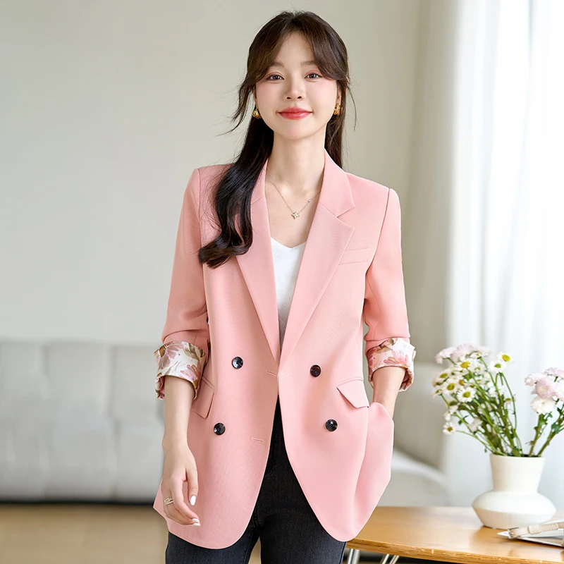 

UNXX Pink Blazer with Back Slit for Women Autumn New Casual Versatile OL Commuting Double-breasted Professional Long-sleeve Suit