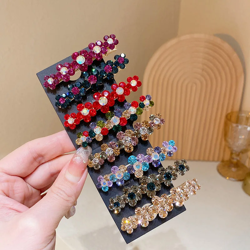 New Fashion Korean Style Alloy Crystal Flowers Duckbill Clip For Girl Women Shining Elegant Side Barrettes Edge Clip Hairpins