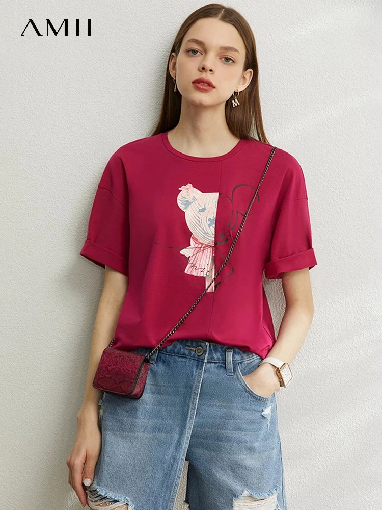 Amii Minimalism 2024 Summer New Tops & Tees Stretch Printed Drop Sleeve Fashion Loose Mid-Length T-Shirts for Women 12412020