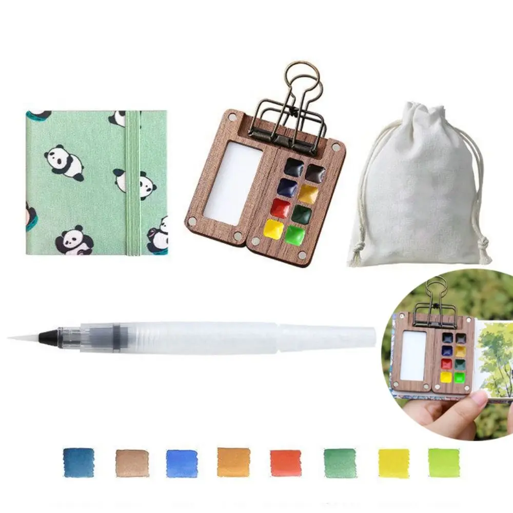 New Walnut Travel Paint Palette Set Durable with Clip Grid Paint Box Portable 8 Gride Watercolor Palette Travel