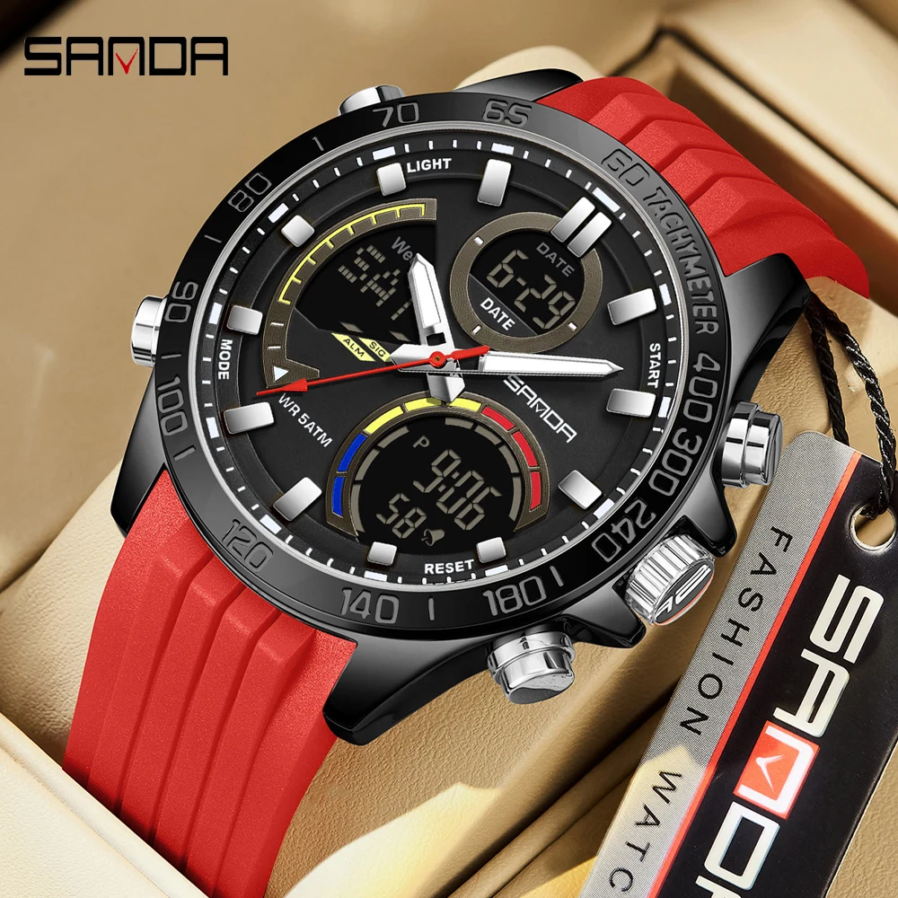 

SANDA Роскошные мужские кварцевые часы с хронографом и двойным дисплеем, водонепроницаемые мужские наручные часы в стиле милитари, спортивные мужские часы Relogios Masculino