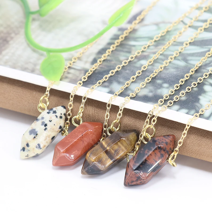 Fashion Necklace Double Point Pendant Colorful Healing Stone Pendant Natural Crystal Pendant Hexagonal Column Necklace For Women