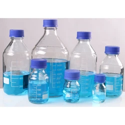 Graduated Round Media Storage Glass Bottles, Solvent Jars, Blue Polypropylene Screw Cap, Transparent, Reagent, bot