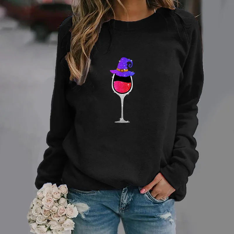 Women's Fashion Halloween Wine Glass Pullover Outdoor Long Sleeve Wine Quilt Pattern Printed Sweatshirt Halloween Women's Tops