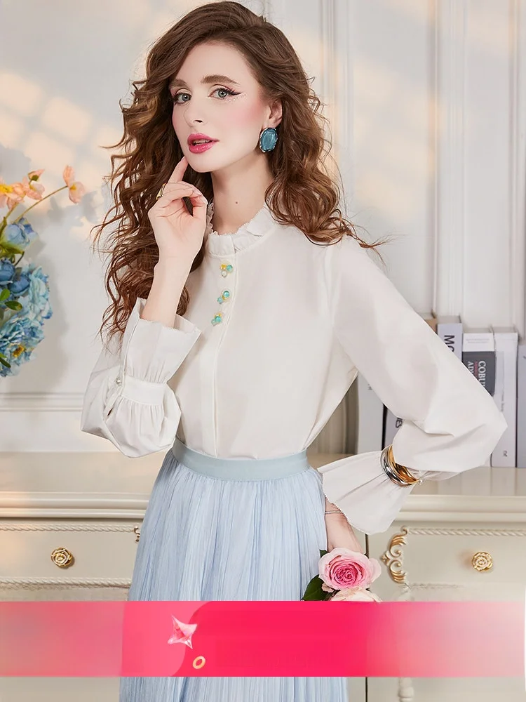 

Белая женская блузка с рукавами-колокол, длинный рукав, весенняя мода, повседневный стиль, хлопковая смесь, молодежный образ, с узором под дерево