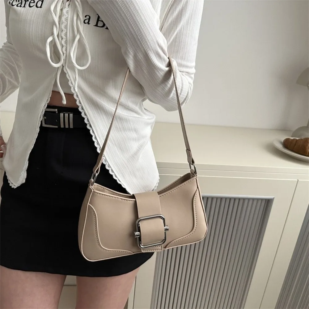 

Fashion Vintage Buckle Shoulder Bag Solid Color Y2k Women's Armpit Bag Leisure Cuasal PU Leather Handbag Underarm Bag