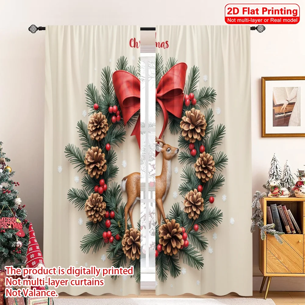 

2pcs 2D flat printing Merry Christmas Drapes Merry Christmas Moose Wreath Polyester Without Electricity Festive Curtains Use for