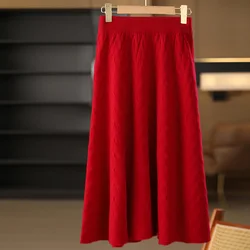 100% Wool Women's Long Skirt Autumn Winter A-LINE Mori Girl Style Natural Solid Knit Beautiful Fashion Girl 2024 New