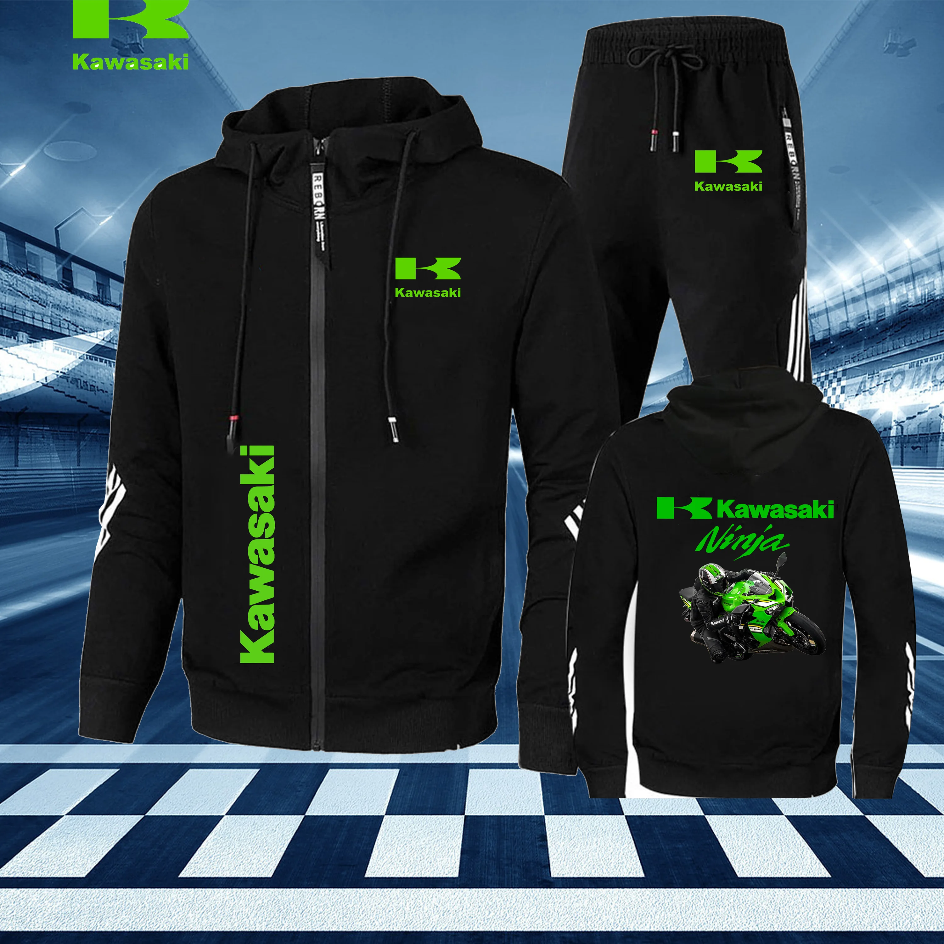 

2025 New Kawasaki Logo Sportswear Set, Motorcycle Jacket, Outdoor Sportswear, Zipper And Pants, Hooded Sportswear Two-Piece Set