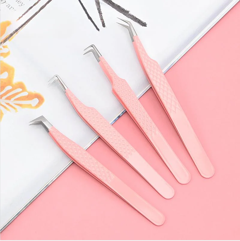 1 Pcs Eyelash Tweezers Extension Pink Stainless Steel Superhard Tweezers With Fiber Tips High Precision Anti-Static Tweezers