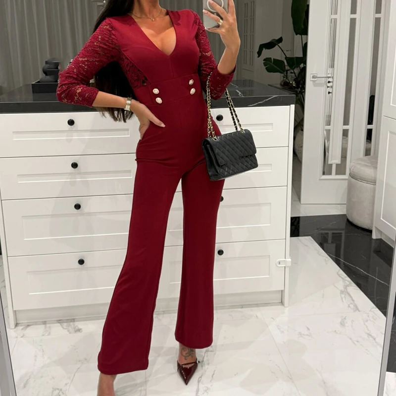 Fashion Long Sleeved Slim Romper Ladies V Neck Lace Patchwork Club Party Jumpsuit Autumn Elegant Solid Color Commuting Playsuit