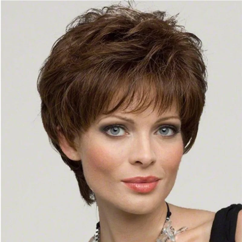 Fashion women's short curly brown micro volume whole synthetic fiber high temperature silk wig mechanism full head cover